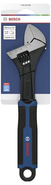Verstellbarer Bosch-Schraubenschlüssel mit schwarzen Backen und blauem Griff auf der Produktverpackung, dargestellt als Handwerkzeug zum Anziehen von Bolzen und Muttern.