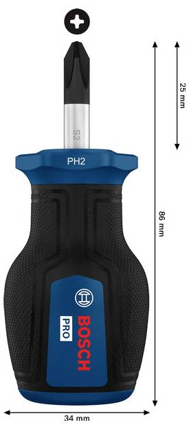 Bosch Professional PRO Stubby-Schraubendreher PH2 x 25mm 1600A039TG Kreuzschlitz-Schraubendreher PH 2 Klingenlänge: 25mm