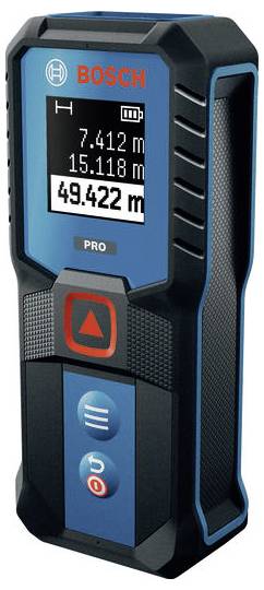 Bosch Pro Laser-Entfernungsmessgerät mit einer Messung von 49,422 m auf seinem Display.