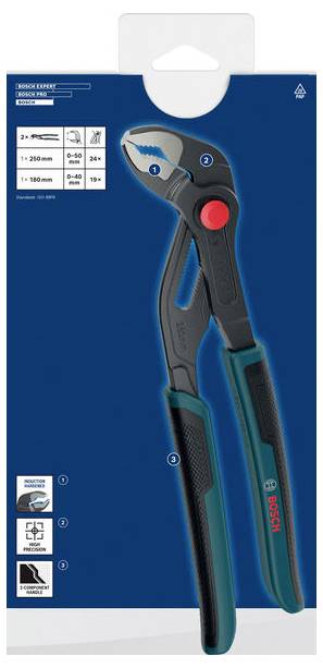 Verpackung für Bosch Expert Mehrzweckzangen mit rotem Einstellknopf und blauschwarzen Griffen, dargestellt auf einer blauen Einzelhandelskarte mit Funktionssymbolen und Größentabelle.