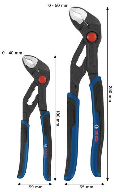 Zwei verstellbare Bosch-Zangen in Größenvergleich, eine 180 mm mit 0–40 mm Backenöffnung und 59 mm Breite, die andere 250 mm mit 0–50 mm Backenöffnung und 55 mm Breite.