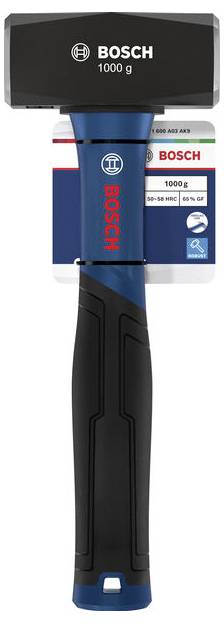 Bosch 1000-g-Hammer mit blau-schwarzem Griff, von vorne dargestellt mit Produktverpackung dahinter.