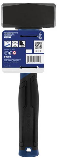Bosch Expert-Markenwerkzeug mit schwarzem Kopf, blauem Etikettenbereich, QR-Code, Barcode und schwarzem Griff auf weißem Hintergrund.