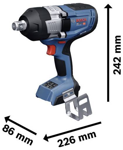 Bild eines kabellosen Bosch-Schlagschraubers mit markierten Abmessungen: 242 mm hoch, 226 mm lang und 86 mm breit.