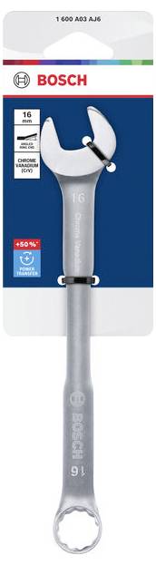 Bosch 16 mm Chrom-Vanadium Ringschlüssel auf Produktverpackung, mit blauem Hintergrund und Verkaufsabzeichen.