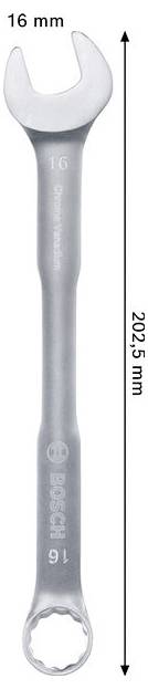 Ein 16-mm-Gabelschlüssel/Ringschlüssel, mit einer Länge von 202,5 mm gekennzeichnet, aufrecht auf weißem Hintergrund abgebildet.