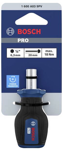 Bosch Pro-Werkzeugverpackung für 1 600 A03 9PV, zeigt ein Stromübertragungszubehör mit Spezifikationen von 1/4 Zoll, 20 mm, max. 18 Nm.
