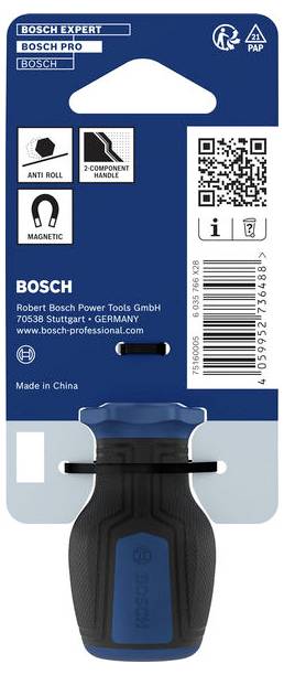 Bosch Handfeile auf Einzelhandelverpackung mit Anti-Roll-Funktion, 2-Komponenten-Griff und magnetischen Eigenschaften, mit QR-Code und Barcode.