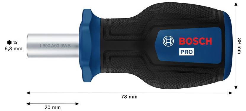 BOSCH PRO Schraubendrehergriff mit angebrachtem Metallschaft, in Seitenansicht dargestellt mit beschrifteten Abmessungen von 78 mm Länge, 39 mm Höhe, 20 mm Schaft und 1/4 Zoll (6,3 mm) Spitze.