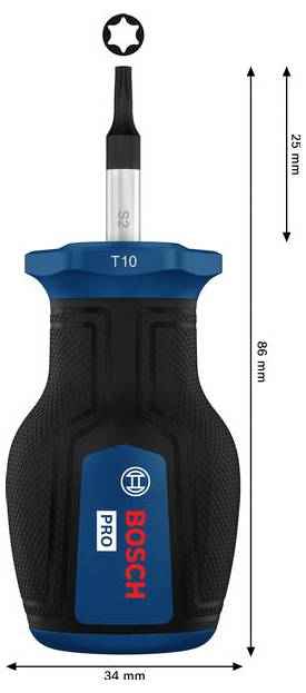 Bosch PRO T10 Schraubendreher mit Sternspitze, gezeigt mit den Abmessungen 86 mm lang, 34 mm breit und 25 mm Grifflänge.