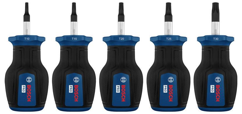 Fünf isolierte Bosch-Schraubendreher mit schwarzen Griffen und blauen Akzenten, bezeichnet mit T10, T15, T20, T25 und T30.