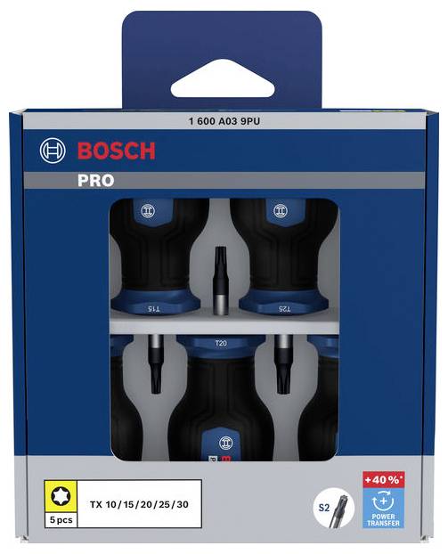 Bosch Pro 5-teiliges TX-Schraubendreher-Bit-Set in Einzelhandelsverpackung, beschriftet TX 10/15/20/25/30 mit S2, 5 Stk., und Power Transfer +40%.