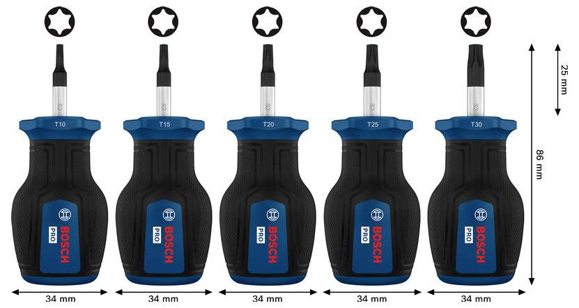 Fünf Bosch-Schraubendrehergriffe mit Bitgrößen T10, T15, T20, T25 und T30; jeder Griff ist 34 mm breit und 86 mm hoch, mit 25 mm Bitlänge.