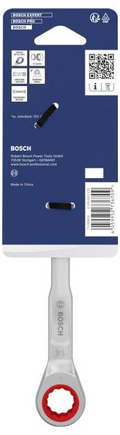 Bosch Handwerkzeugpaket mit blauem Etikett, QR-Code und Barcode, mit einem kleinen Ratschenschlüsselkopf am unteren Ende.