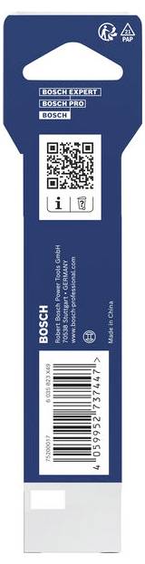 Bosch Expert Bohrbitpackung in Blau und Weiß, mit Bosch-Logo, Produktbeschriftungen, QR-Code, Barcode und Aufhängeausschnitt.