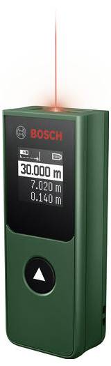 Bosch Laser-Entfernungsmesser, der einen roten Laserstrahl ausstrahlt und ein digitales Display mit 30.000 m, 7.020 m und 0.140 m anzeigt.