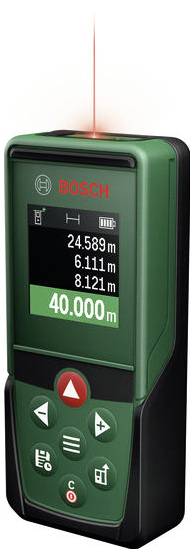Bosch Laser-Entfernungsmesser zeigt 40.000 m auf dem Display an, mit rotem Laserstrahl, der nach oben projiziert wird.
