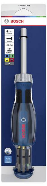 Bosch isolierter Schraubendreher mit transparent blauem Griff, auf der Produktverpackung mit Größen- und Funktionssymbolen dargestellt.