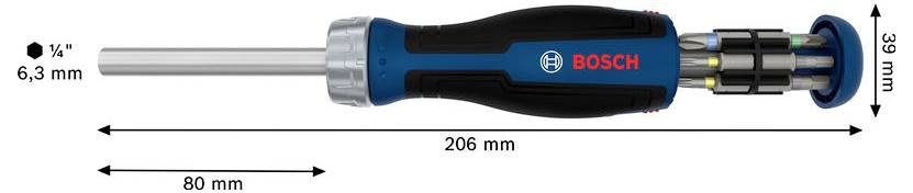 Bosch-Schraubendreher-Werkzeug in Seitenansicht dargestellt, mit gekennzeichneten Abmessungen: 206 mm Länge, 33 mm Höhe, 80 mm Griffbreite und 6,3 mm Schaftdurchmesser.