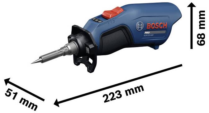 Bosch Akku-Lötkolben mit Abmessungen: 223 mm lang, 68 mm hoch und 51 mm breit.