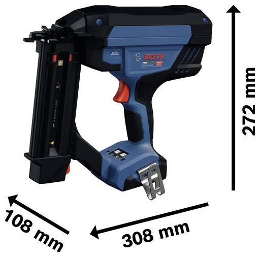 Bosch kabellose Nagelmaschine mit Abmessungen: 272 mm Höhe, 308 mm Länge und 108 mm Breite.
