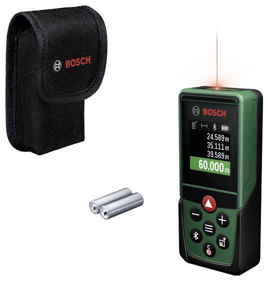 Bosch Laser-Entfernungsmesser mit Tragetasche und Batterien, zeigt ein Messdisplay und eine Laserlinie auf der Oberseite.
