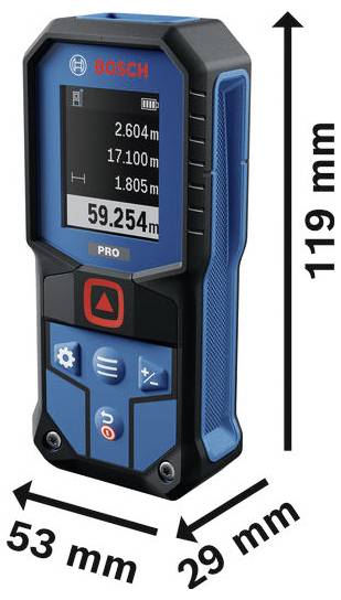 Bosch Pro Laser-Entfernungsmesser mit den Abmessungen 119 mm Höhe, 53 mm Breite und 29 mm Tiefe dargestellt.
