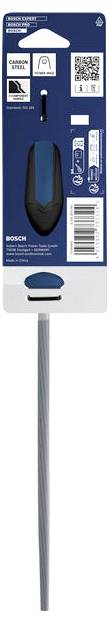 Bosch-verpacktes Paket für ein Hartmetall-Lochsägeblatt mit QR-Code, Produktinformationsetiketten und einer Abbildung des langen Sägeblatts.
