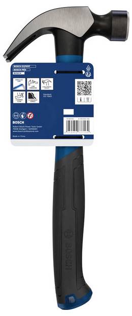 Bosch Klauenhammer mit schwarzem Griff, Vorderansicht auf einem Produktetikett-Paket gezeigt.