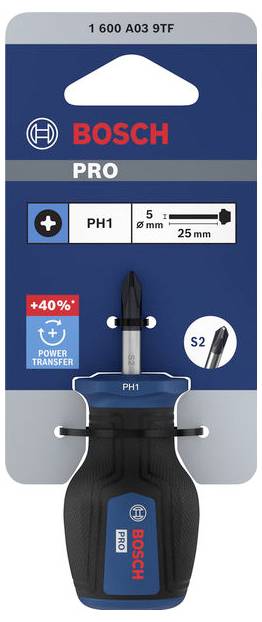 Bosch PRO PH1 Schraubendreher mit 5 mm x 25 mm Bit, Plus- und S2-Symbole, auf der Produktverpackung dargestellt.