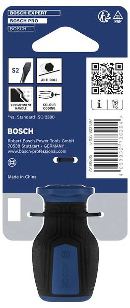 Bosch Expert Stichsägeblatt-Packung, S2 Anti-Rollback, 2-Komponenten-Griff, Farbcodierung, QR-Code und Barcode, mit Produktbild auf blauer Karte.