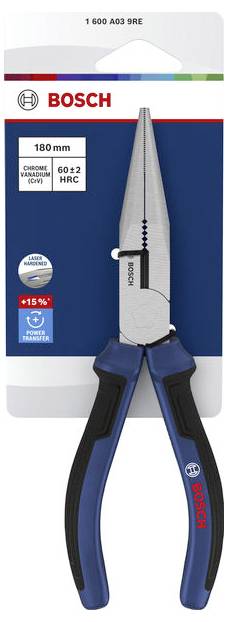 Verpackung für Bosch 180-mm-Kombinationszangen mit Darstellung des Werkzeugs mit blau-schwarzen Griffen und Bezeichnungen für Chrom-Vanadium-Stahl, 60±2 HRC, lasergehärtete Kanten und +15% Kraftübertragung.