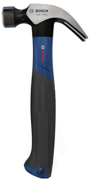 Bosch 12 oz Klauenhammer mit schwarz-blauem Gummigriff, dargestellt auf weißem Hintergrund.