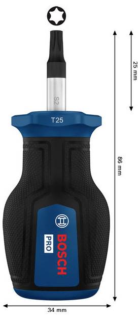 Bosch Pro T25 Schraubendreher, aufrecht dargestellt mit einem Torx-Bit, gekennzeichnet mit den Abmessungen 86 mm Höhe, 34 mm Breite und 25 mm Bitlänge.