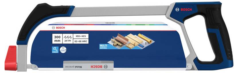 Bosch Handsäge mit blau-silbernem Rahmen, schwarzem Griff und roter Schutzvorrichtung, gezeigt in der Produktverpackung.
