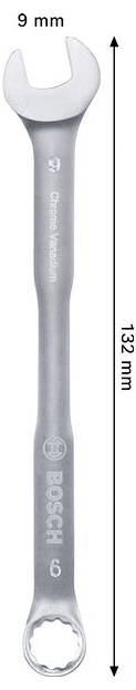 Bosch 9-mm-Ringmaulschlüssel, 132 mm lang, vertikal dargestellt mit durch einen Pfeil gekennzeichneter Länge.