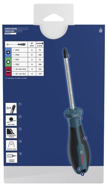 Bosch Professional 1600A039PH Schraubendreher-Set 6teilig PH, PZ, Schlitz