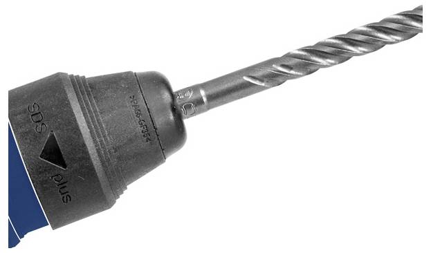 Nahaufnahme eines Bohrers, der in einen schwarzen Schnellwechsel-Bohrfutter-Adapter auf weißem Hintergrund eingesetzt ist.
