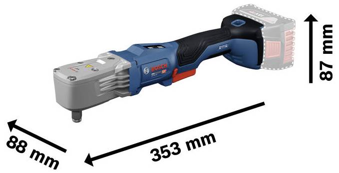 Schnurloses Bosch-Elektrowerkzeug mit beschrifteten Abmessungen: 353 mm lang, 87 mm hoch und 88 mm breit.