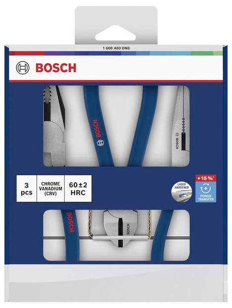 Bosch 3er-Set Zangen aus Chrom-Vanadium, 60±2 HRC, in blau-weißer Einzelhandelverpackung mit '+15%'- und 'Power Transfer'-Abzeichen.