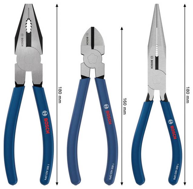 Vergleichsbild von drei Bosch-Zangen mit blauen Griffen: Langbeckzange 180 mm, Seitenschneider 160 mm und Kombinationszange 180 mm.