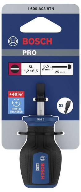 Bosch Pro isolierter Schraubendreher in Verpackung, gekennzeichnet mit „SL 1,2 x 6,5" und „6,5 mm 25 mm", mit +40% Leistungsübertragung und S2-Stahl-Symbol.