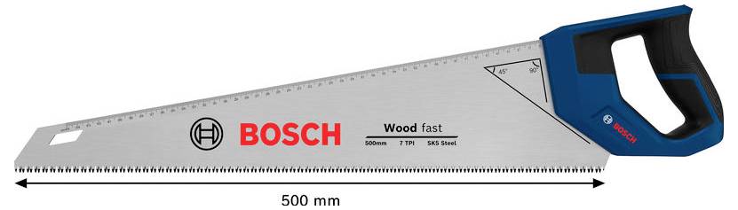 Bosch Holz-Schnellsäge, 500 mm lang, mit blauem Griff und feingezähntem Blatt.