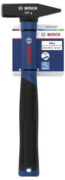 Bosch 300-g-Hammer mit schwarzem Kopf und blauem Griff, dargestellt auf der Produktverpackung.