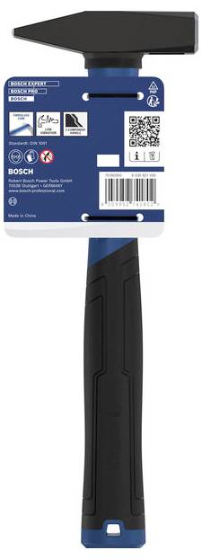 Bosch-Handwerkzeug mit schwarzem Kopf und blauem Griff, dargestellt in Vorderansicht auf Produktverpackung, mit Barcode- und QR-Code-Etiketten.