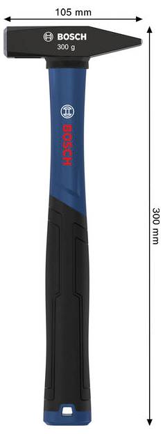 Bosch 300-g-Hammer mit Abmessungen: 105 mm Kopfbreite und 300 mm Länge.