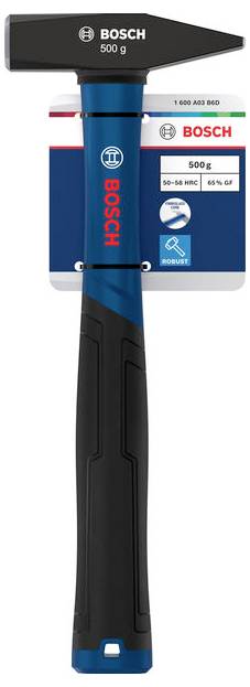 Bosch 500-g-Vorschlaghammer mit blauem und schwarzem Griff, abgebildet auf der Produktverpackung.