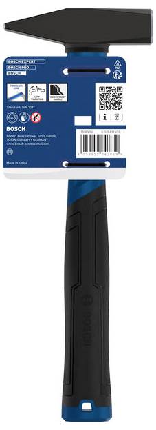Bosch Expert Handvorschlaghammer mit schwarzem Stahlkopf und blau-schwarzem Griff, in Frontansicht auf Produktverpackung mit QR-Code und Barcode dargestellt.
