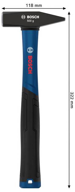 Bosch-Hammer mit blauem und schwarzem Griff, gekennzeichnet mit 500 g, gezeigt mit den Maßen 118 mm breit und 322 mm hoch.