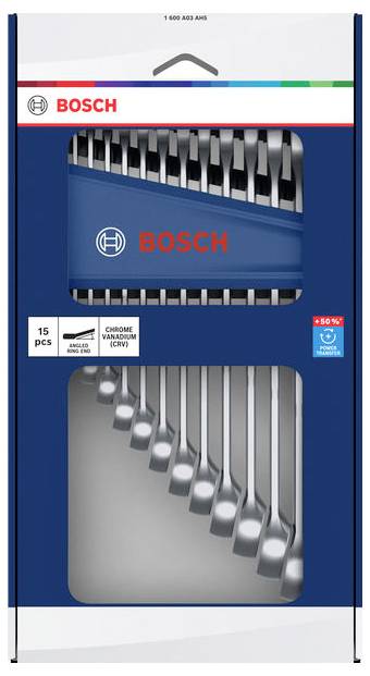 Bosch 15-teiliger Chrom-Vanadium-Schraubenschlüssel-Set, Verpackung mit Maulschlüsseln und Kombischlüsseln mit Tragegriff.
